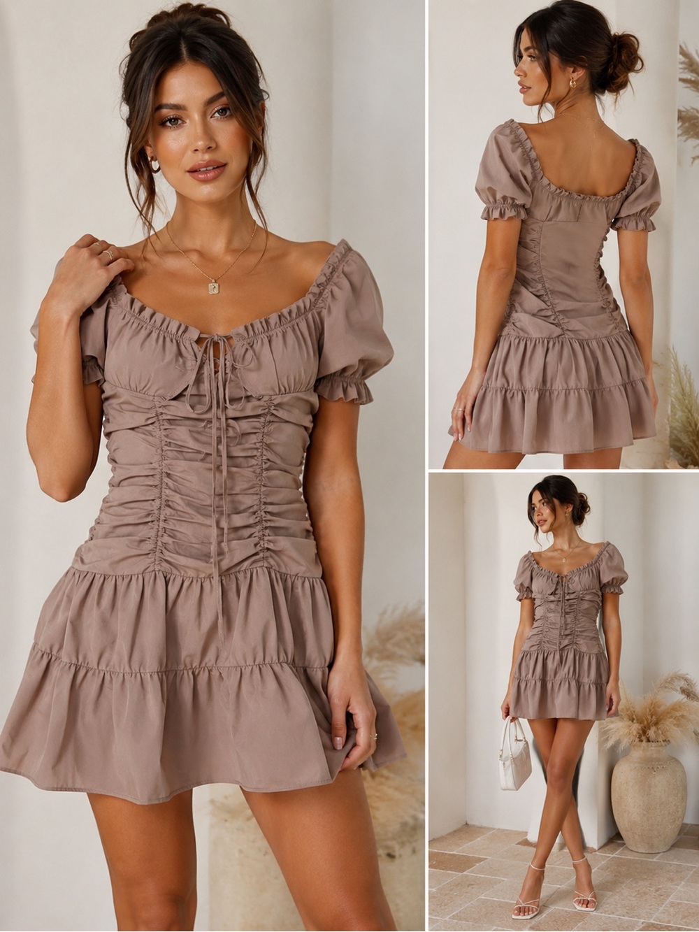 PrettyLittleThing Taupe Frill Lace Up Puff Sleeve Shift Dress